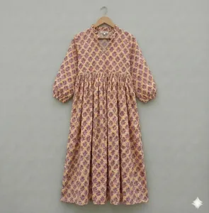 Robe midi en coton à imprimé floral pour femmes, avec manches bouffantes, coupe ample, col en V, robe d'été décontractée avec poches - Product Image 1