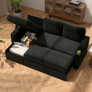 Divano Letto Angolare Moderno Convertibile in Velluto a Coste con Contenitore, Portabicchieri e Braccioli per Soggiorno - Product Image 3