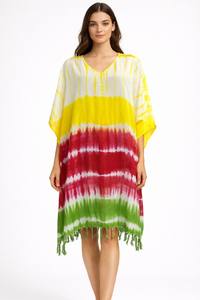 Caftán Largo de Viscosa con Estampado Tie-Dye y Rayas, Ecológico, Cuello en V, Transpirable, Asimétrico - Product Image 2