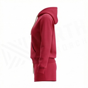<b>Women's</b> 2 Piece Hooded Sweatshirt and Shorts <b>Set</b> Solid Color Fleece Casual Loose Fit Above Knee Red - Product Image 3