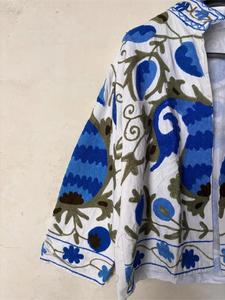 Premium White <b>Velvet</b> Embroidered Suzani <b>Jacket</b> with Blue Floral Pattern Full Sleeve Stand Collar Bohemian Autumn Outerwear - Product Image 5