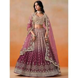 Precioso Lehenga Choli de Georgette Rosa para Novia, Traje de Boda - Product Image 3