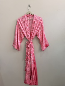 Long Patchwork Silk Kimono Robe Comfy Dressing Gown for Women V-neck Drawstring Closure Full-Length <b>Sleeves</b> Soft - Product Image 1