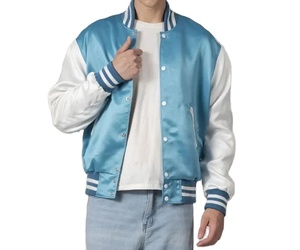 Unisex Light Sky Blue Satin Varsity Bomber <b>Jacket</b> White Sleeves Stand Hooded Zipper Front Twill Patches Chenille Letters Logo - Product Image 2