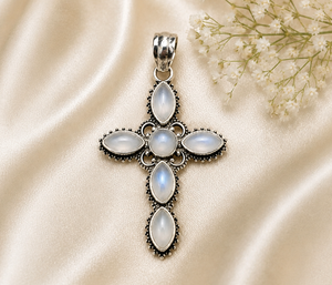 Pendentif Croix en Argent Pierre de Lune Arc-en-ciel – Collier Pierre de Lune Taille Marquise, Bijou Bohème Fait Main en Argent Sterling 925, Cadeau - Product Image 3