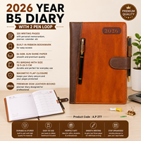 Agenda 2026 B5 en cuir PU, couverture rigide avec rabat, 336 pages, papier Sun Shine 64 GSM, couleur marron, exécutif haut de gamme, logo personnalisé