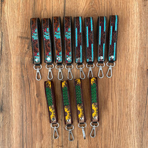 Mayorista Promoción Mano Tooled Leather Wristlet Llavero Western Floral Cuero Genuino Mujeres Muñequera Car Key Holder - Product Image 4