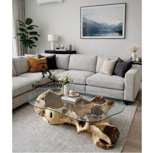 Plateau de table basse rustique en bois massif Monkey Pod avec surface en verre pour salon - Product Image 1