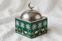 Boîte à dattes en métal émaillé vert imprimé, avec couvercle en forme de dôme et motif palmier chameau, pot de rangement décoratif, boîte cadeau Aïd