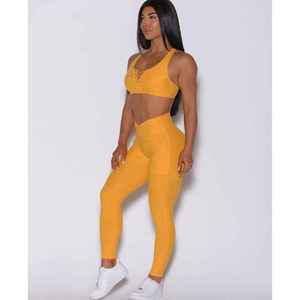 High Waist Full Length Yellow <b>Knitted</b> <b>Leggings</b> With Pockets Sporty Stretch Breathable Women's Activewear - Product Image 2