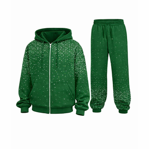 Conjunto Deportivo de Alta Calidad para Hombre con Pedrería, Sudadera con Capucha Verde y Pantalones Jogger, con Cierre, Ropa Deportiva Informal para Gimnasio, Traje Premium - Product Image 1