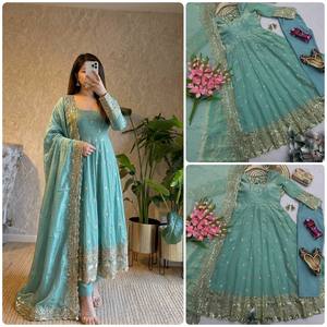 Ensemble Anarkali en soie verte avec dupatta, tenue traditionnelle indienne et pakistanaise pour femme, longueur ras du sol, pour mariage, extensible et coupe ample - Product Image 2
