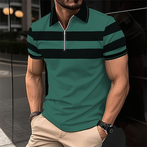 T-shirt zippé pour homme, manches courtes, été, décontracté, respirant, confortable, 100 % coton, avec logo color block sur le devant - Product Image 1
