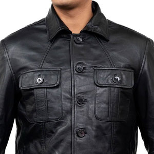 Men's Black Genuine Leather Jacket With Button Closure Turn-down Collar Casual Style Autumn Wear - Product Image 3