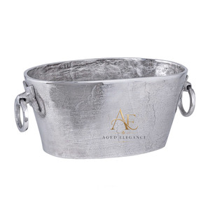 Antique Silver Distressed Oval Aluminum <b>Ice</b> Bucket Heavy Duty Ring Handles Modern Party Wine Beer Beverage Tub For Serving - Product Image 1