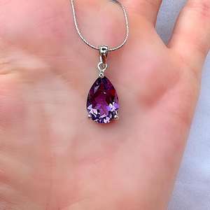 Genuine <b>Amethyst</b> Pear Teardrop Solitaire Silver Pendant February Birthstone Elegant Handmade Jewelry Gift For Women - Product Image 1