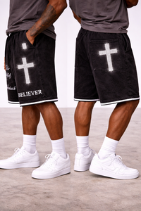 OEM Service Wholesale Distress Rhinestone Acid Wash Custom Jesus Design Men <b>Canvas</b> Shorts New Arrival Private Label Black - Product Image 2