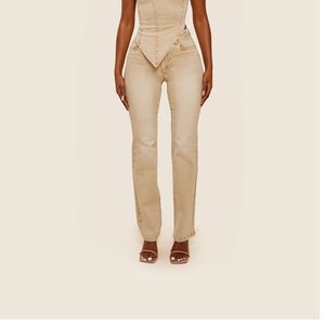 Jeans en denim beige de haute qualité, coupe slim taille haute, style chic minimaliste urbain, mode féminine, vente en gros, fourniture OEM ODM - Product Image 5