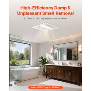Ventilador de Techo Premium con Motor DC para Baño, con Luz y Calefactor, 80 90 110 CFM, 1500W, Ventilación de 1.5 Sones, Bajo Nivel de Ruido - Product Image 2