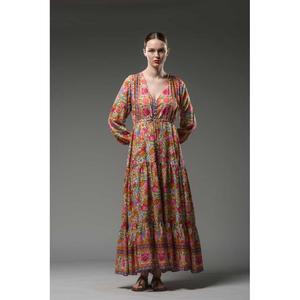 ชุดเดรสแม็กซี่ลายดอกไม้สไตล์โบโฮสำหรับผู้หญิง คอวี แขนยาว ผูกเอว ทรงหลวม สวมใส่สบาย เหมาะสำหรับฤดูร้อนและชายหาด - Product Image 2