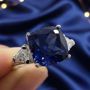 Bague saphir bleu taille coussin en argent sterling 925 plaqué or blanc 14 carats, bijou de luxe fait main, cadeau pour elle - Product Image 5