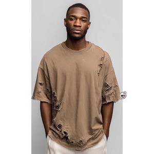 เสื้อยืดโอเวอร์ไซส์สีเขียวมะกอกสำหรับผู้ชาย แขนสั้น คอกลม สไตล์สตรีท ผ้าคอตตอนเจอร์ซีย์ ลุคซักฟอก สีพื้น ดีไซน์เรียบง่าย - Product Image 5