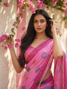 Pink Digital Printed Silk Saree With Embroidered Border For Women Traditional Wedding Wear India Pakistan - Product Image 3