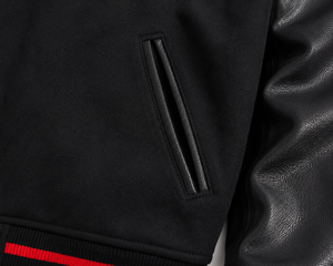 Veste varsity noire pour homme SINEWY, manches en cuir PU, couleur unie, col rabattu, vêtement décontracté pour l'automne - Product Image 6