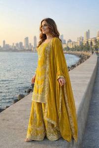 Traje Salwar Kameez Amarillo Bordado, Ropa Étnica Tradicional India y Pakistaní para Mujer, para Bodas y Fiestas - Product Image 3