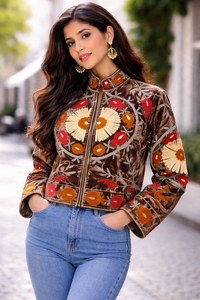 Elegante Chaqueta Bomber Sujani para Mujer, Reversible, Acolchada, Transpirable, Ecológica, de Terciopelo de Algodón Bordado Marrón, Tejido de Punto - Product Image 3