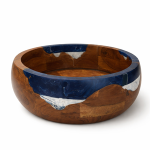Tazón Redondo Decorativo de Madera de Acacia con Resina Epoxi Azul-Blanca, Color Marrón Natural, Hecho a Mano, para Servir Ensaladas, Decoración para Fiestas y Hogar - Product Image 1