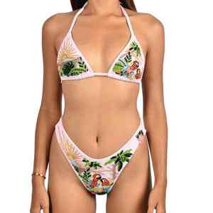 Traje de Baño Brasileño de Dos Piezas para Mujer, Bikini de Nailon con Escote Profundo en V, Estampado Floral, Sexy, con Cordones, Bordado de Cristales, Personalizado en la Parte Delantera - Product Image 1