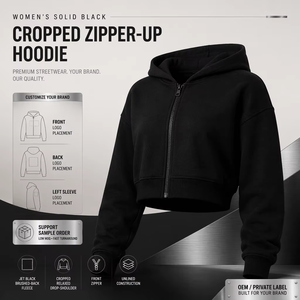 Sweat-shirt court noir uni zippé sur le devant pour femme, à manches longues, en molleton brossé au dos, coupe décontractée à épaules tombantes - Product Image 3