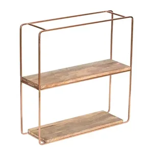Minimalist Double Tier Wood Storage Rack With Copper Metal Frame For Living Room Organization - Product Image 1