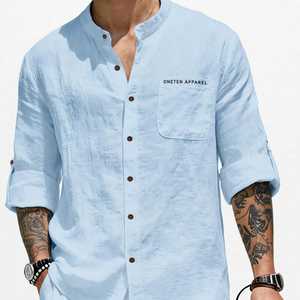 Conjunto de camisa y pantalones de lino y algodón azul claro para hombre, conjunto deportivo informal de manga larga para verano - Product Image 2