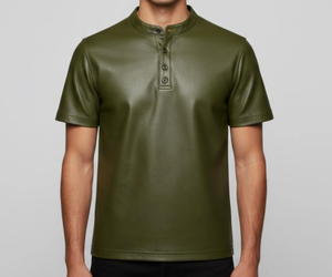 เสื้อเชิ้ตแขนสั้นผู้ชาย คอจีน สีเขียวมะกอก ผ้าหนัง ระบายอากาศได้ดี สีพื้น ใส่ได้ในฤดูหนาว น้ำหนัก 220 กรัม ผ้าถัก - Product Image 2