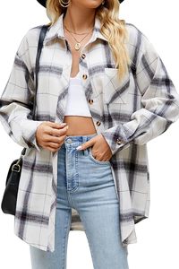 Wholesale Womens Oversized Plaid Flannel Shirt Long Sleeve Button Down Shacket Dark Green Beige <b>Checkered</b> Casual Loose Fit Blous - Product Image 5