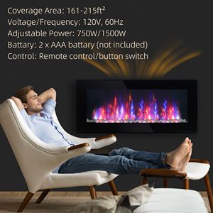 Caminetto Elettrico da Parete 105 cm 1500W con Effetto Fiamma a 7 Colori, Display LCD, Vetro Nero, Installazione a Incasso, Spina UK - Product Image 6