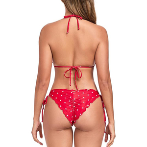Conjunto de Bikini Rojo con Puntos, Estilo Retro con Volantes, Cuello Halter, Dos Piezas, Traje de Baño Sexy - Product Image 3