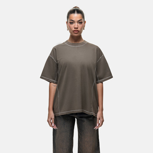 T-shirt à manches courtes col rond surdimensionné pour femme, couleur unie, coupe ample, jersey 100% coton, respirant, style toutes saisons - Product Image 1