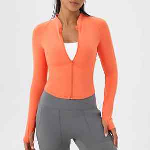 Chaqueta de yoga para mujer, ajustada, de manga larga, lisa, ligera, transpirable, de secado rápido, con cremallera, cuello alto y ribete acanalado, top deportivo. - Product Image 1