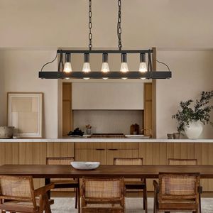 34-Inch Modern Farmhouse Linear Chandelier Black Industrial Pendant <b>Light</b> 5 E26 Bulb <b>Sockets</b> Adjustable Chain Height for - Product Image 2