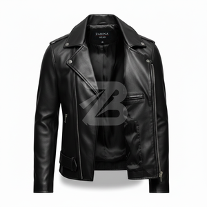 Chaqueta de Motociclista de Cuero Genuino para Hombre, al por Mayor, OEM, Negra, con Cierre Asimétrico y Cinturón, Estilo Biker - Product Image 3
