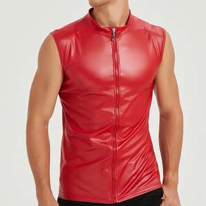 Camisetas sin mangas de cuero para hombre, chaleco sexy de cuero PU elástico, camisetas de moda para fiesta y baile, calidad superior - Product Image 4