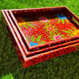 Ensemble de plateaux décoratifs en bois peints à la main, style art camion pakistanais rouge, artisanat traditionnel, décoration culturelle pour la maison - Product Image 2