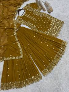 Conjunto Sharara de Georgette con Bordado Intenso, Kurti Tradicional Indio Pakistaní para Mujer, Dupatta, Traje para Bodas y Fiestas - Product Image 4