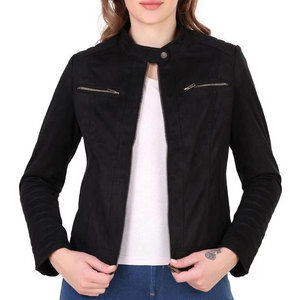 Women's Black <b>Suede</b> Moto <b>Jacket</b> With Zipper Closure Stand Collar Full Sleeve Autumn Style - Product Image 1