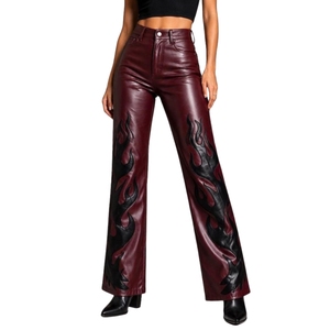 Pantalones de cuero con estampado de llamas en negro y rojo para mujer, pantalones acampanados de cuero de oveja de cintura alta, pantalones de motociclista, moda Y2K - Product Image 4