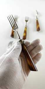 Retro Solingen Steel <b>Forks</b> (6 pcs) with Tortoiseshell‑Style Handles in Original Box, Solingen metal <b>forks</b> with horn re - Product Image 6