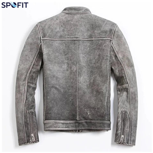 Men Genuine Leather <b>Biker</b> <b>Jacket</b> <b>Vintage</b> Casual Stand Collar Zipper Regular Fit Autumn Motorcycle Coat - Product Image 3
